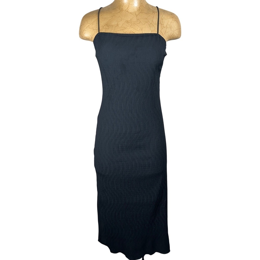 Wild Fable Black Crinkle Textured Midi Slip Dress Small NWT Form Fitted Bodycon